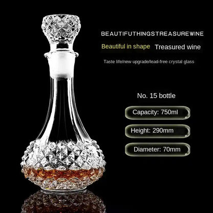 Diamond-cut crystal decanter No. 15 with textured design, 750ml, perfect for whiskey or liquor in vintage-style bar setups.