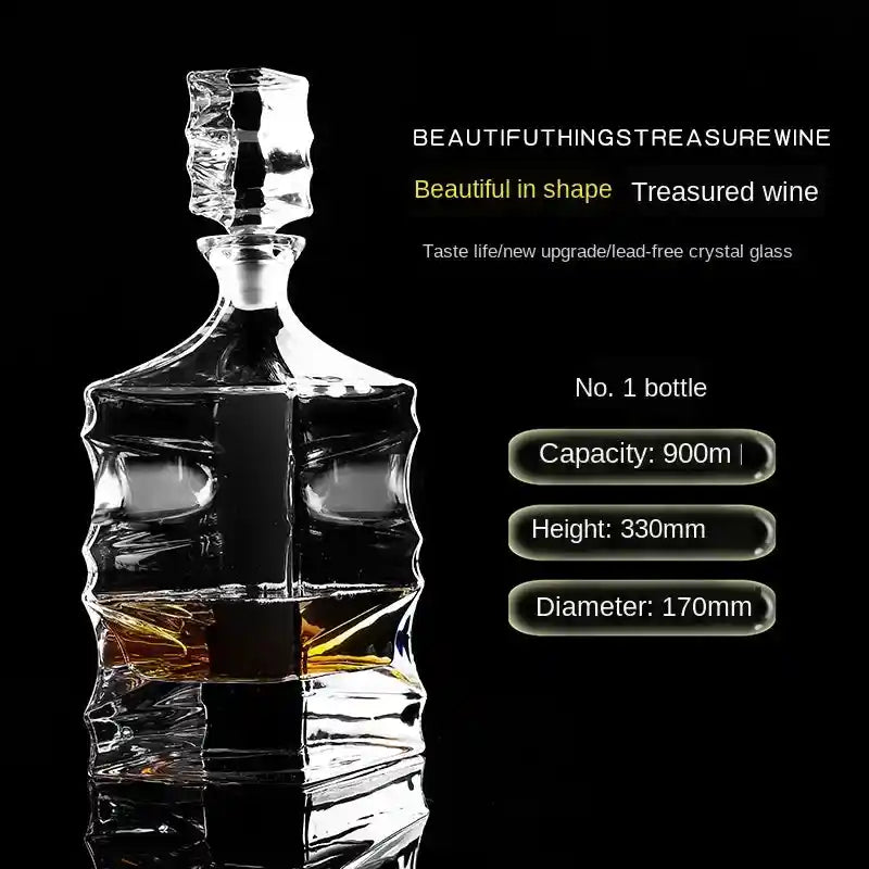900ml crystal glass wine decanter with twisted design, ideal for whiskey or vodka, featuring product dimensions and specs.