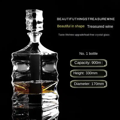 900ml crystal glass wine decanter with twisted design, ideal for whiskey or vodka, featuring product dimensions and specs.