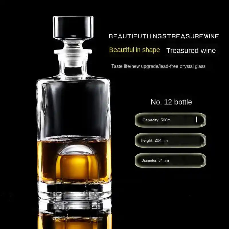 Modern crystal glass decanter No. 12 with spherical base, 500ml, great for whiskey, vodka, or liquor in minimalist home bars.