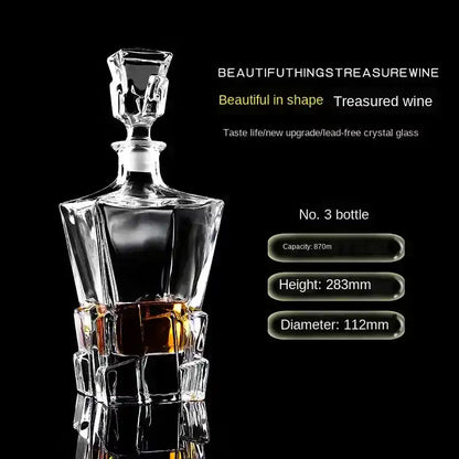870ml crystal glass whiskey decanter with angular base, perfect for home bar use, shown with height and diameter specs.