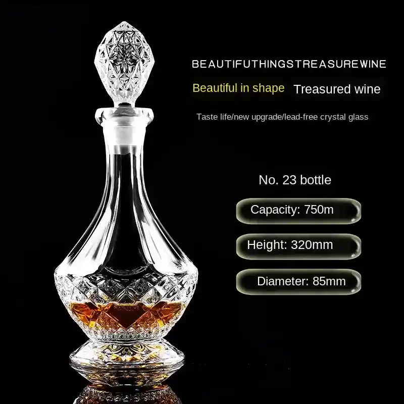 Elegant crystal decanter No. 23 with round base and diamond stopper, 750ml, perfect for wine or whiskey in upscale bar settings.