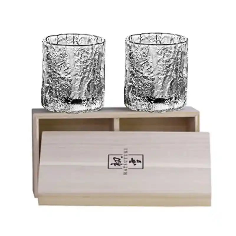 Set of two frosted whiskey tumblers with Nordic Japanese design in a wooden gift box, ideal for premium drinkware gifting.