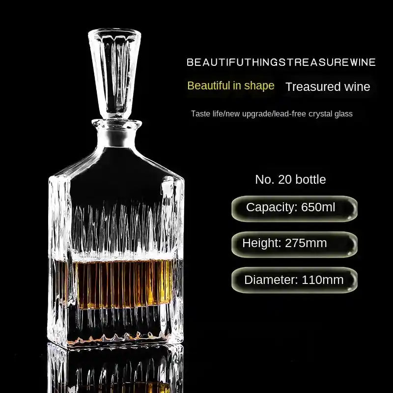 Crystal decanter No. 20 with vertical cuts and tall neck, 650ml, ideal for whiskey or wine in refined home bar collections.