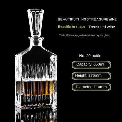 Crystal decanter No. 20 with vertical cuts and tall neck, 650ml, ideal for whiskey or wine in refined home bar collections.
