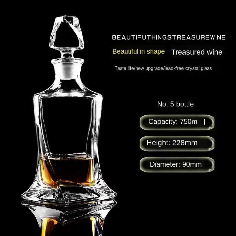 750ml elegant crystal glass decanter with curved base and pointed stopper, perfect for wine or whiskey storage.