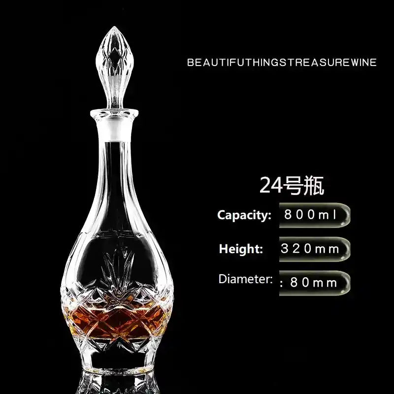 800ml tall crystal glass wine red bottle decanter with pointed stopper and etched pattern, perfect for home bar decor.