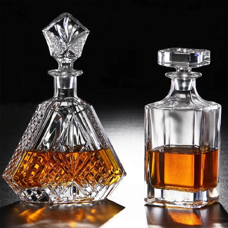 Luxury Whiskey Decanter at RyeCentral featuring two crystal glass decanters with intricate cuts, enhancing whiskey aroma and presentation.