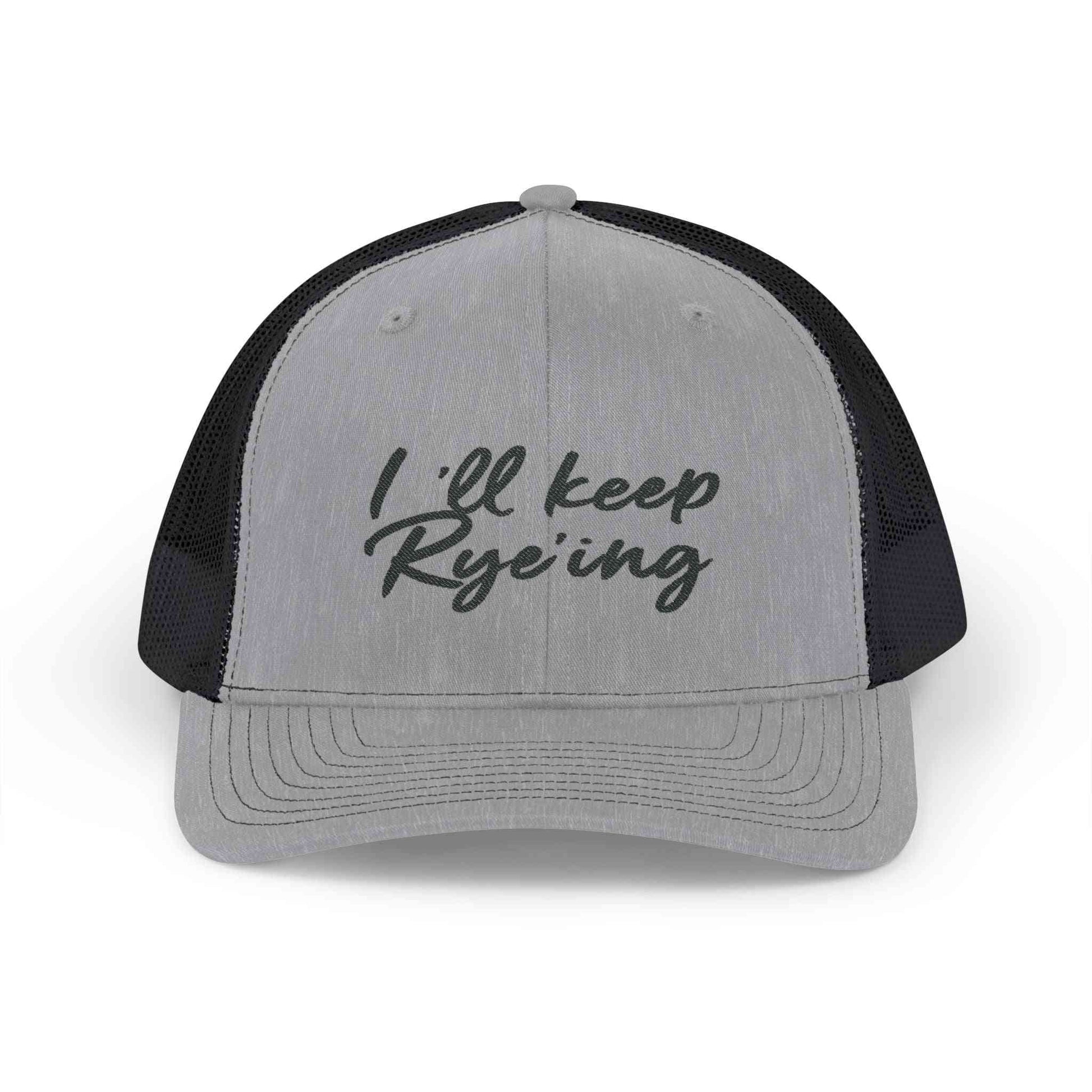 Gray and black snapback golf dad hat with 'I'll Keep Rye'ing' embroidered text, perfect whiskey-themed accessory for golf lovers.