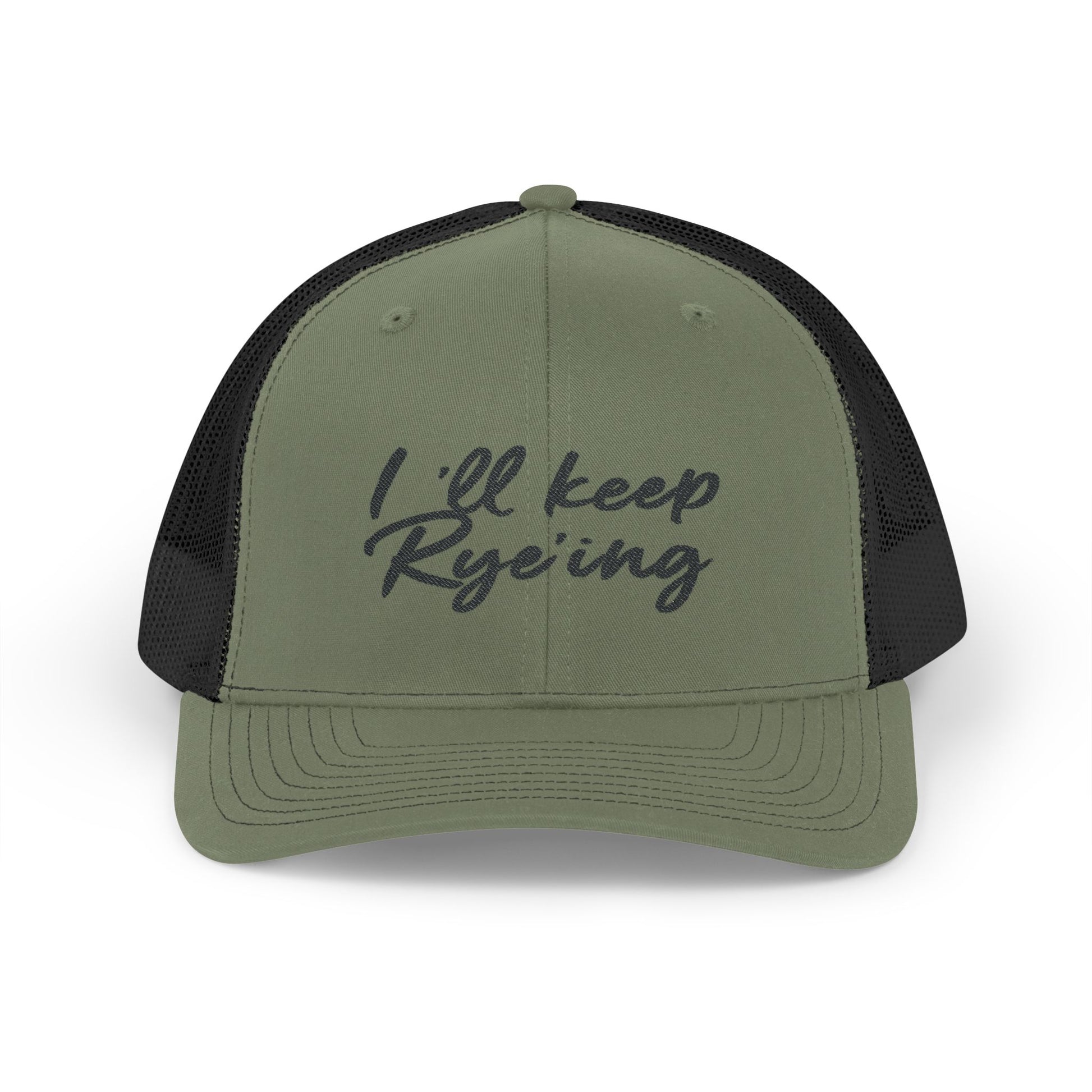 I'll Keep Rye'ing' Whiskey Snapback Cap on course, holding a golf club and whiskey glass