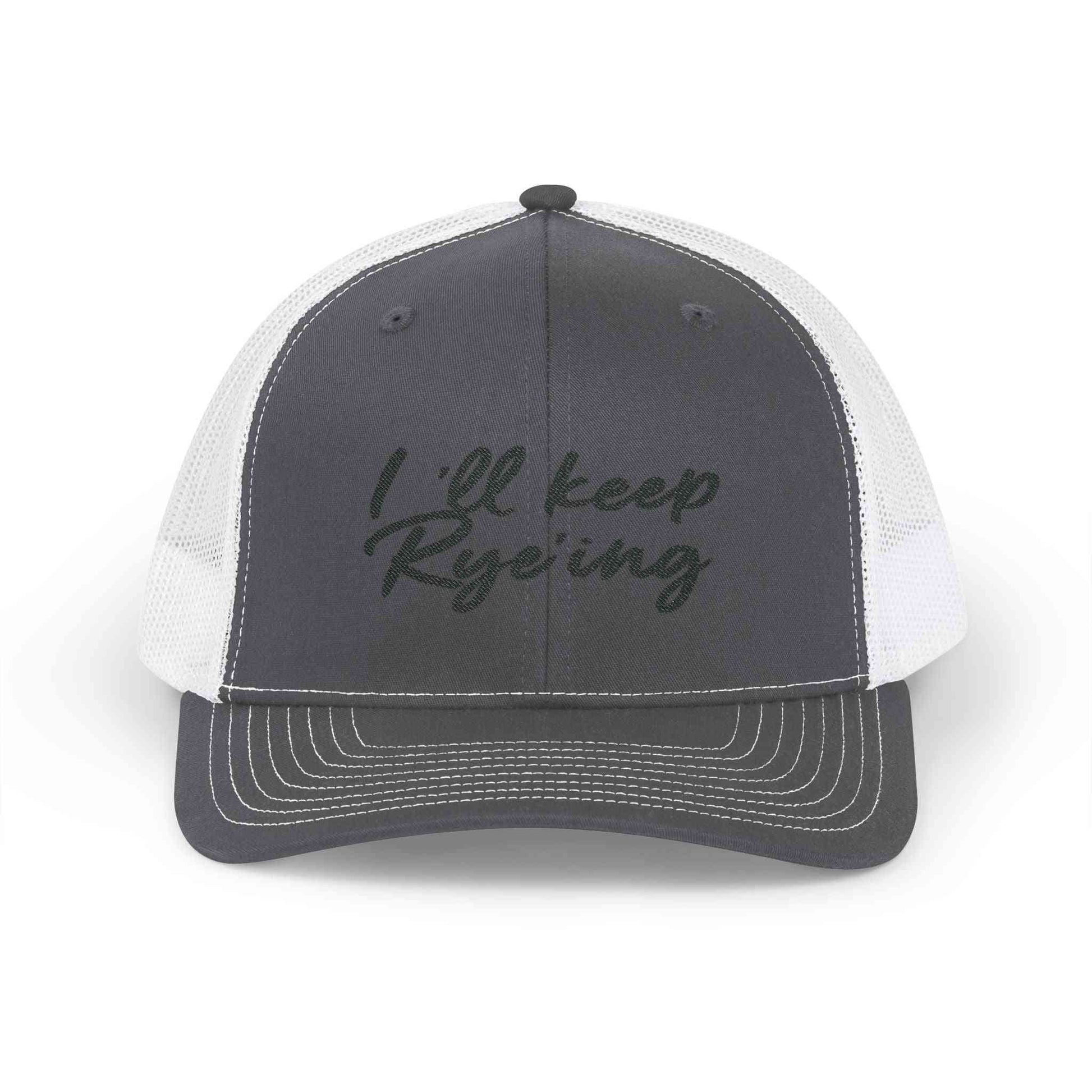 Charcoal and white mesh golf dad hat with 'I'll Keep Rye'ing' embroidered on front, stylish whiskey-themed cap for men.