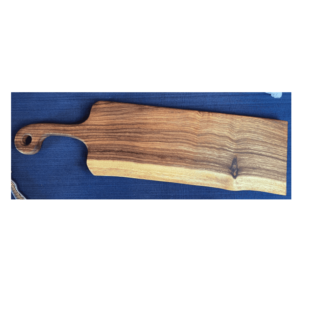 Long Live Edge Bread Board Elegance from RyeCentral featuring rich wood grain and ergonomic handle, perfect for appetizers or rye whiskey pairings.