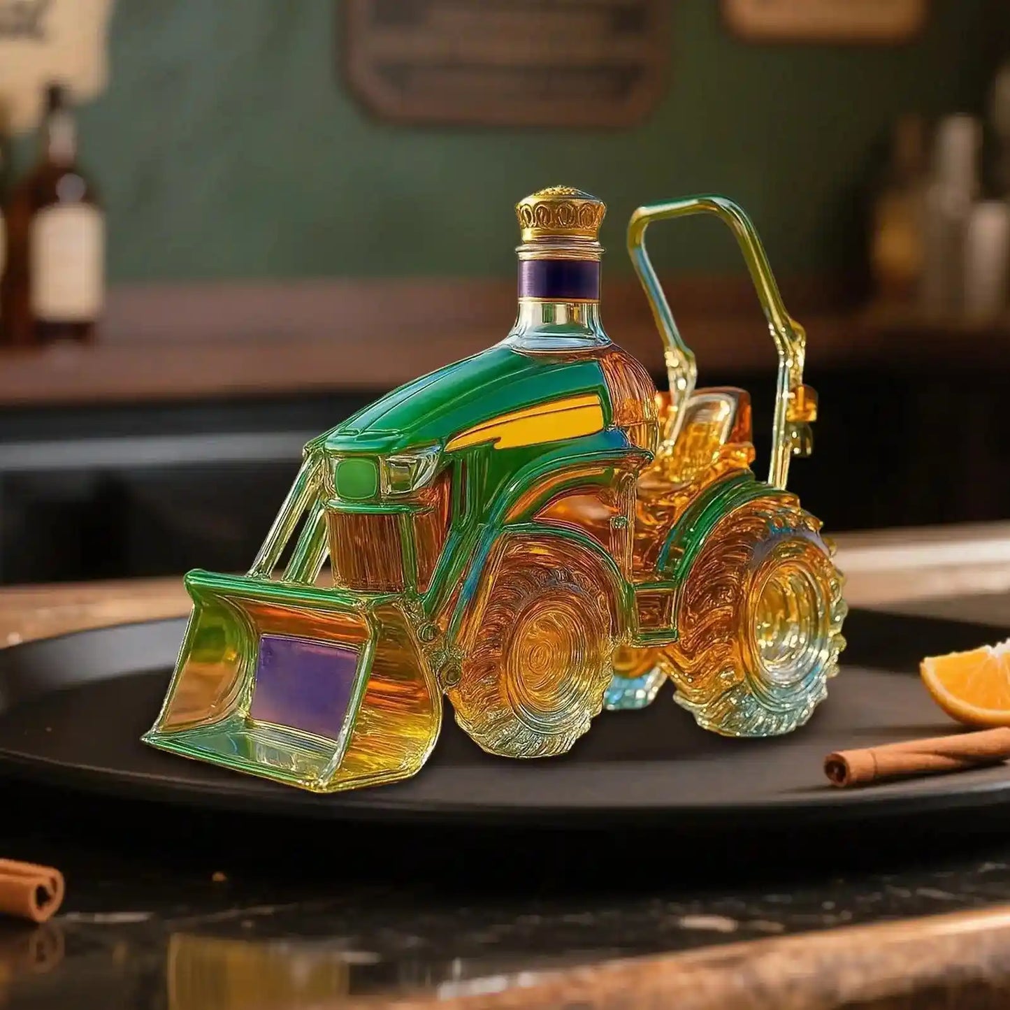 Colorful 3D tractor decanter on a bar tray, ideal as a glass storage ornament and whiskey gift for men and women.