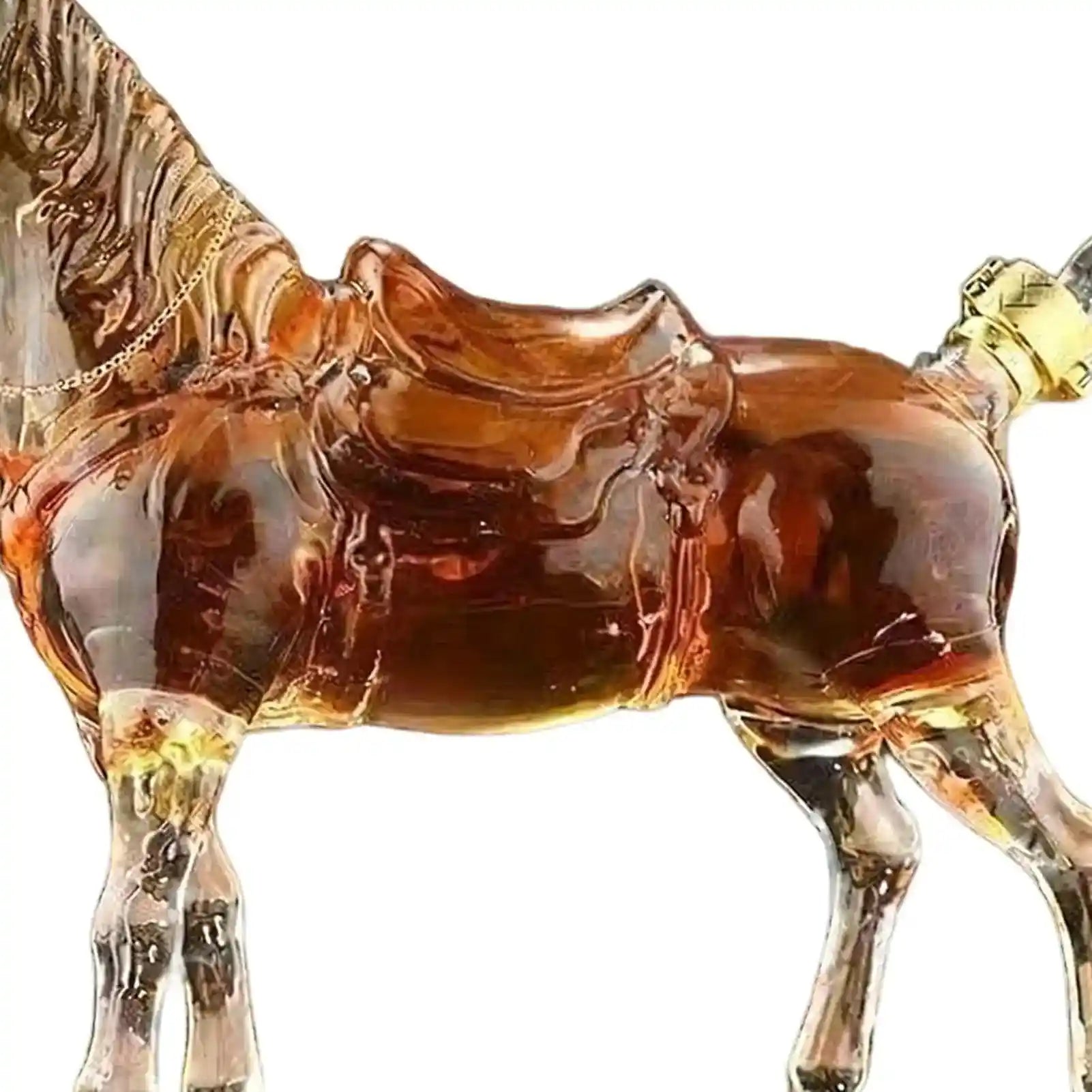 Midsection detail of Horse Shaped Glass Decanter, highlighting saddle design and amber liquor fill.