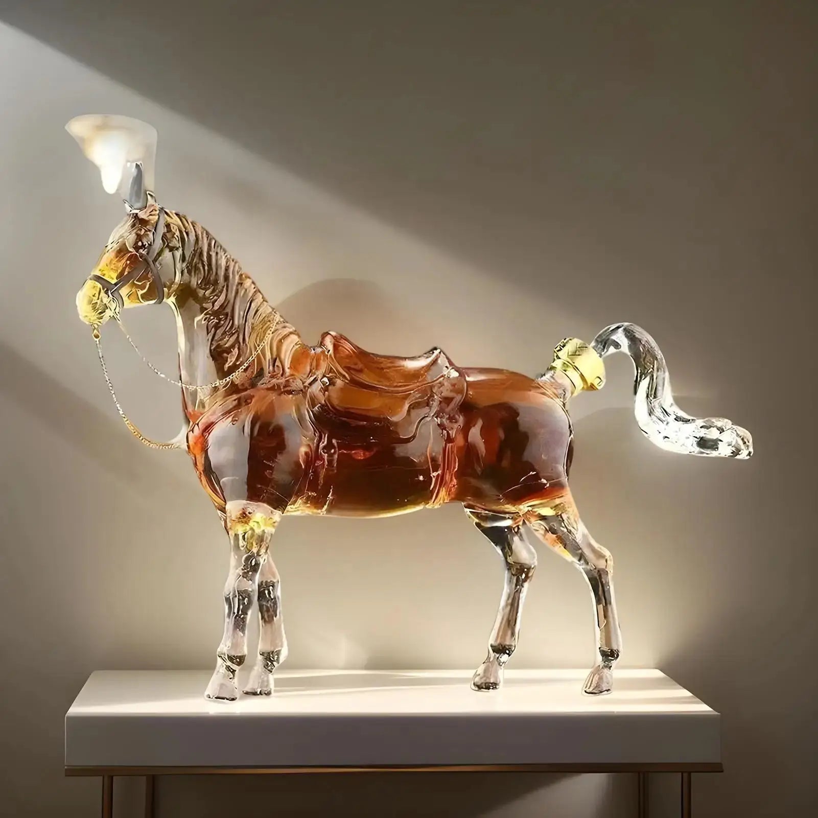 Horse Shaped Glass Decanter for whiskey and wine, displayed on a lit table, ideal for home bar decor and party gifting.