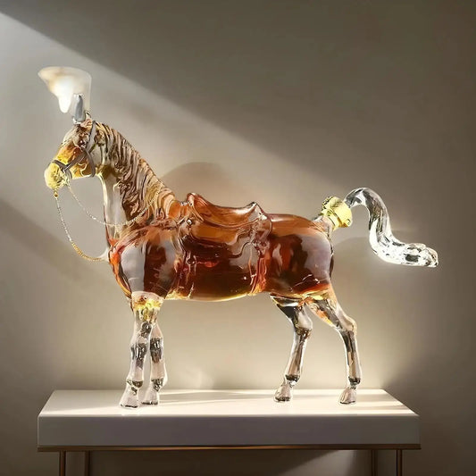 Horse Shaped Glass Decanter for whiskey and wine, displayed on a lit table, ideal for home bar decor and party gifting.