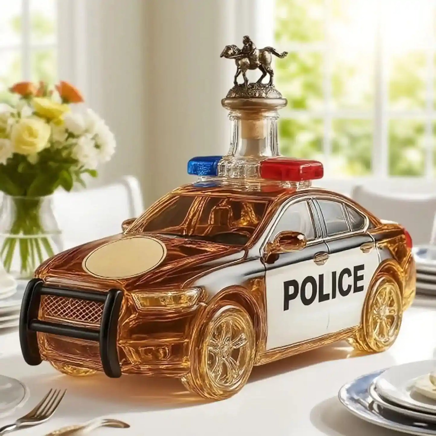 Police Car Shape 300ML Whiskey Decanter with camel stopper on dining table, 3D novelty bottle for liquor storage or decoration.