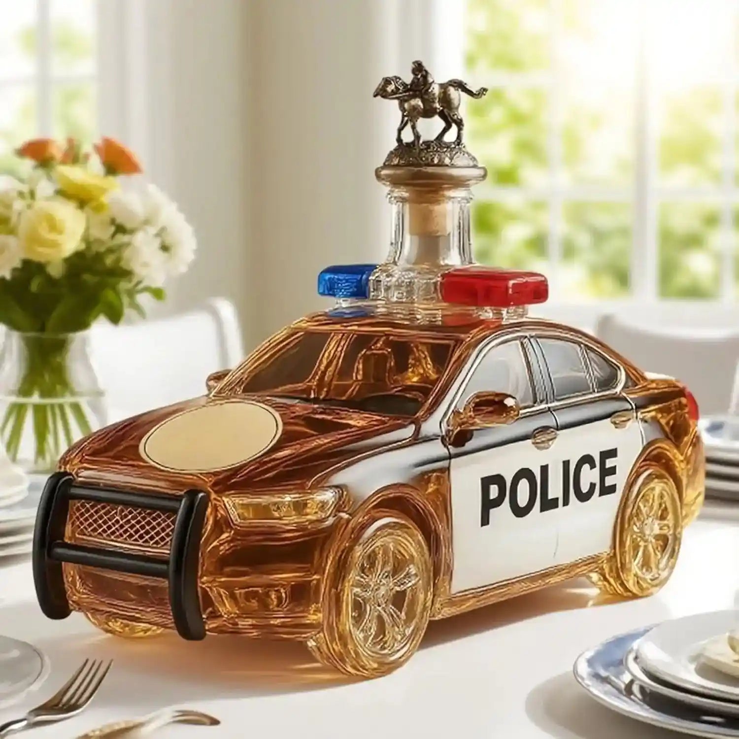 Police Car Shape 300ML Whiskey Decanter with camel stopper on dining table, 3D novelty bottle for liquor storage or decoration.
