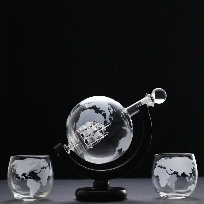 Whiskey Decanter Globe Wine Aerator Glass Set Sailboat Inside