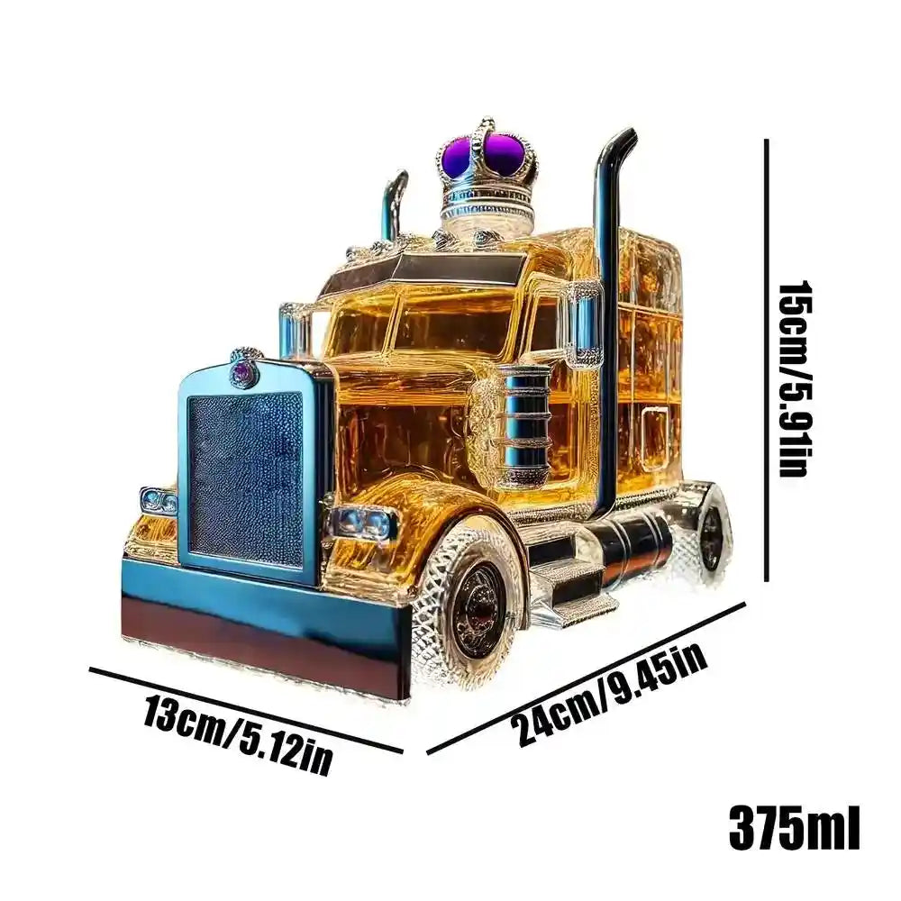 Unique 375ml whiskey decanter shaped as a truck with purple crown stopper, vintage bourbon dispenser for stylish hosting and bar decor.