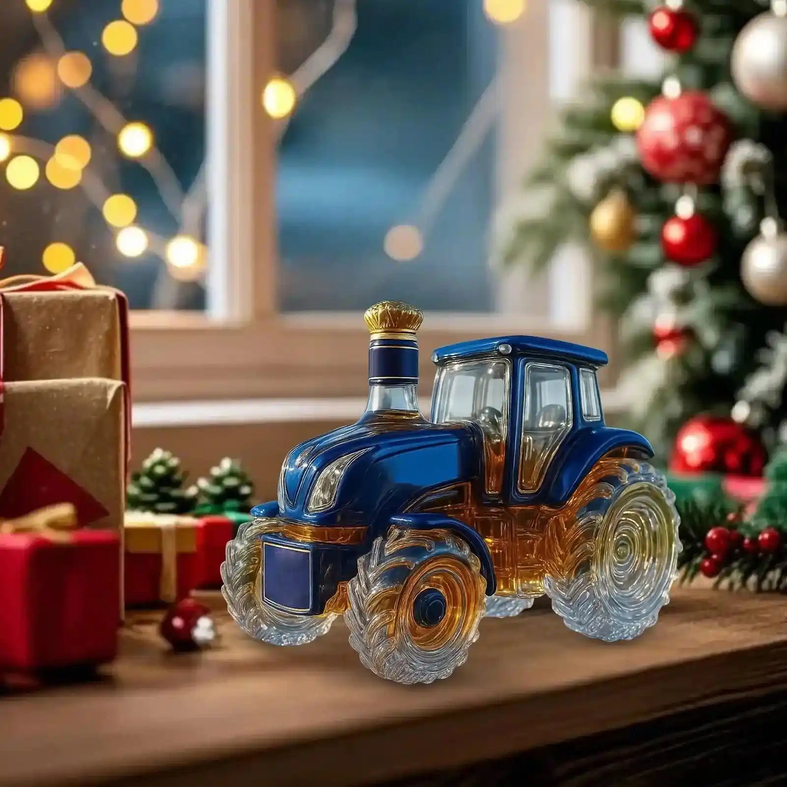 Blue Glass Tractor Decanter placed on a holiday table near Christmas gifts and tree, perfect for festive whiskey serving and décor.