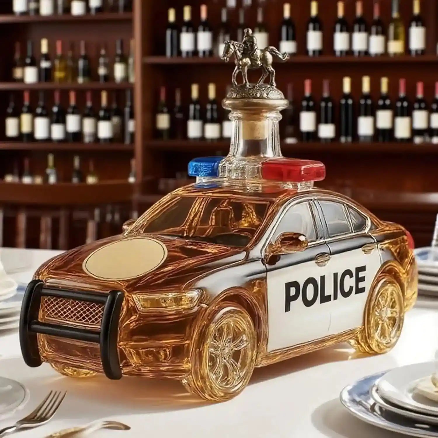 Police Car Shape Liquor Decanter with camel stopper in wine cellar setting, 300ML 3D novelty whiskey bottle for collectors and bar decor.