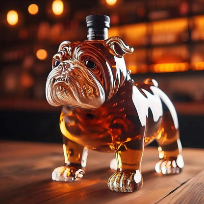 Whiskey Bottle Dog Decanter in bulldog shape with amber glass, ideal novelty gift for men, bachelor parties, or home bar decor.