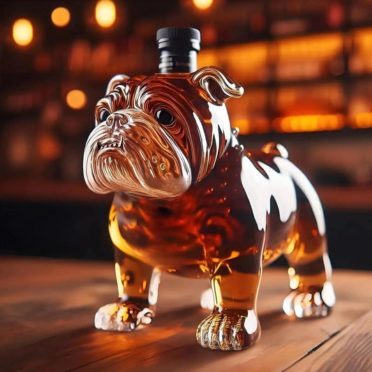 Whiskey Bottle Dog Decanter in bulldog shape with amber glass, ideal novelty gift for men, bachelor parties, or home bar decor.