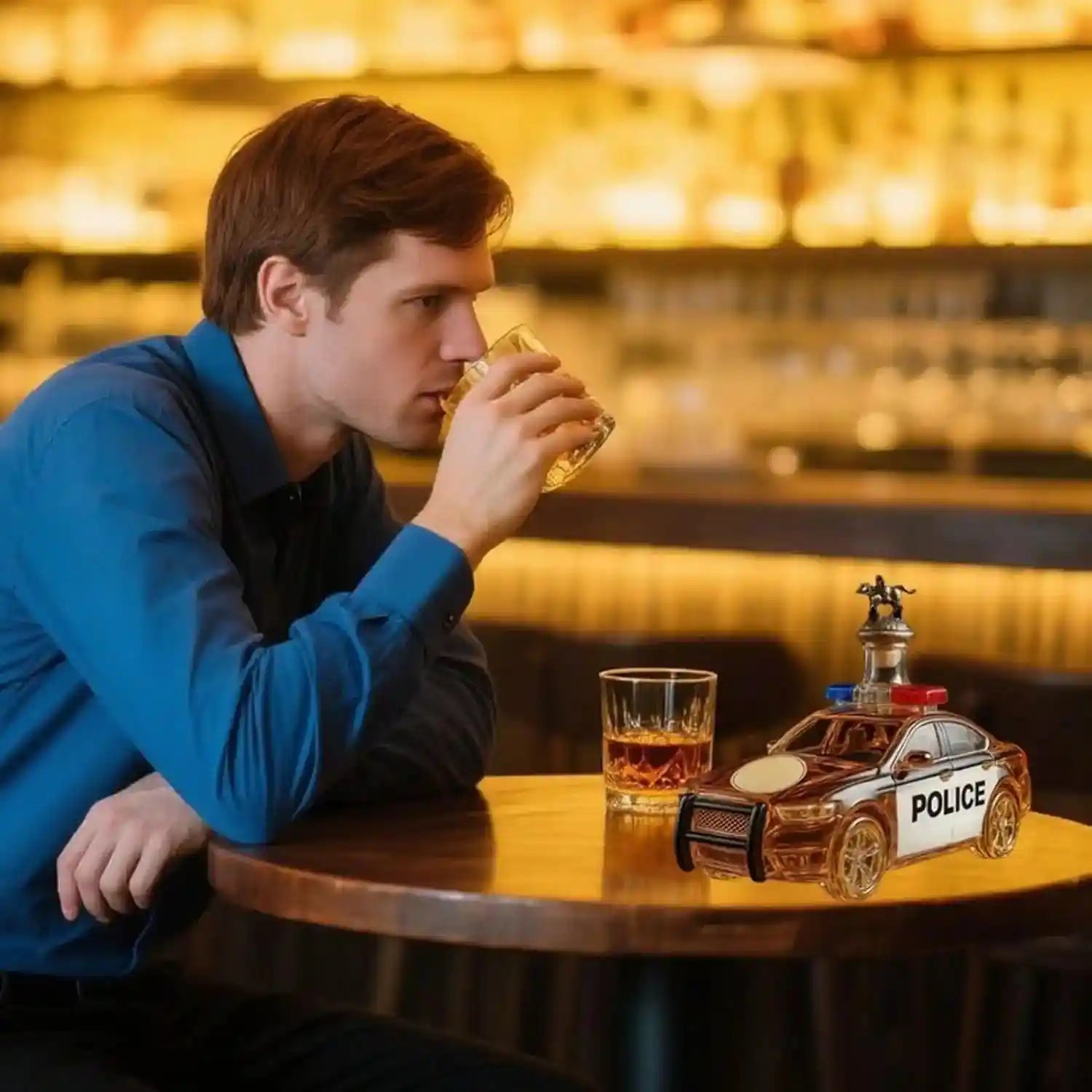 Man enjoying drink beside 300ML Police Car Shape Liquor Decanter with camel stopper, unique whiskey bottle for bar or gift use.