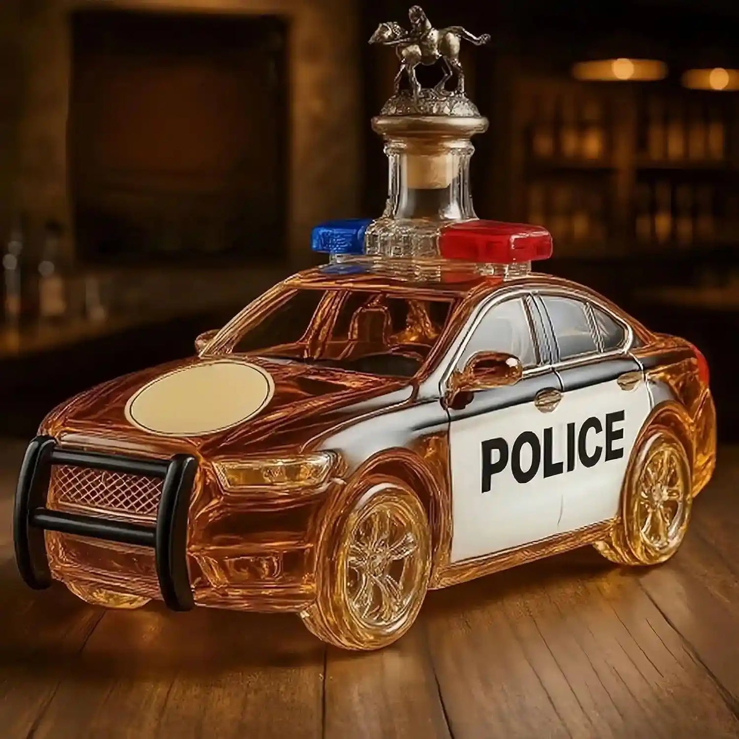 300ML Police Car Shape Liquor Decanter with camel stopper, 3D novelty whiskey bottle for creative liquor storage and display.