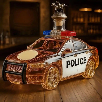 300ML Police Car Shape Liquor Decanter with camel stopper, 3D novelty whiskey bottle for creative liquor storage and display.