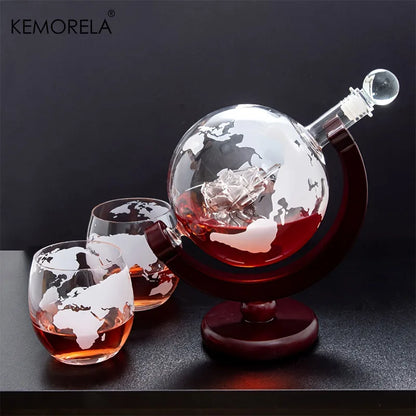 Globe Whiskey Decanter Set with Wood Stand (900ml)