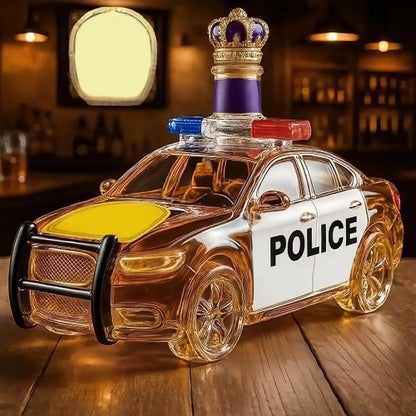 Police Car Shape Liquor Decanter with royal crown stopper, 300ML 3D whiskey bottle for novelty barware and liquor storage.