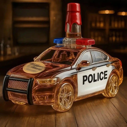 Police Car Shape 300ML Whiskey Decanter with red bottle cap design, novelty 3D liquor bottle for bar decor or gifting.
