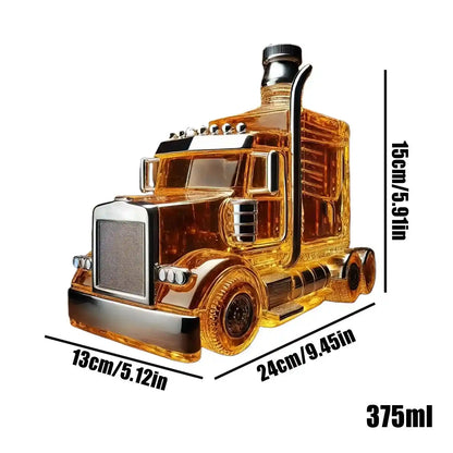 Dimensions of 375ml Whiskey Decanter Half Truck Bourbon Dispenser shown with measurements, ideal vintage liquor container for gifting.