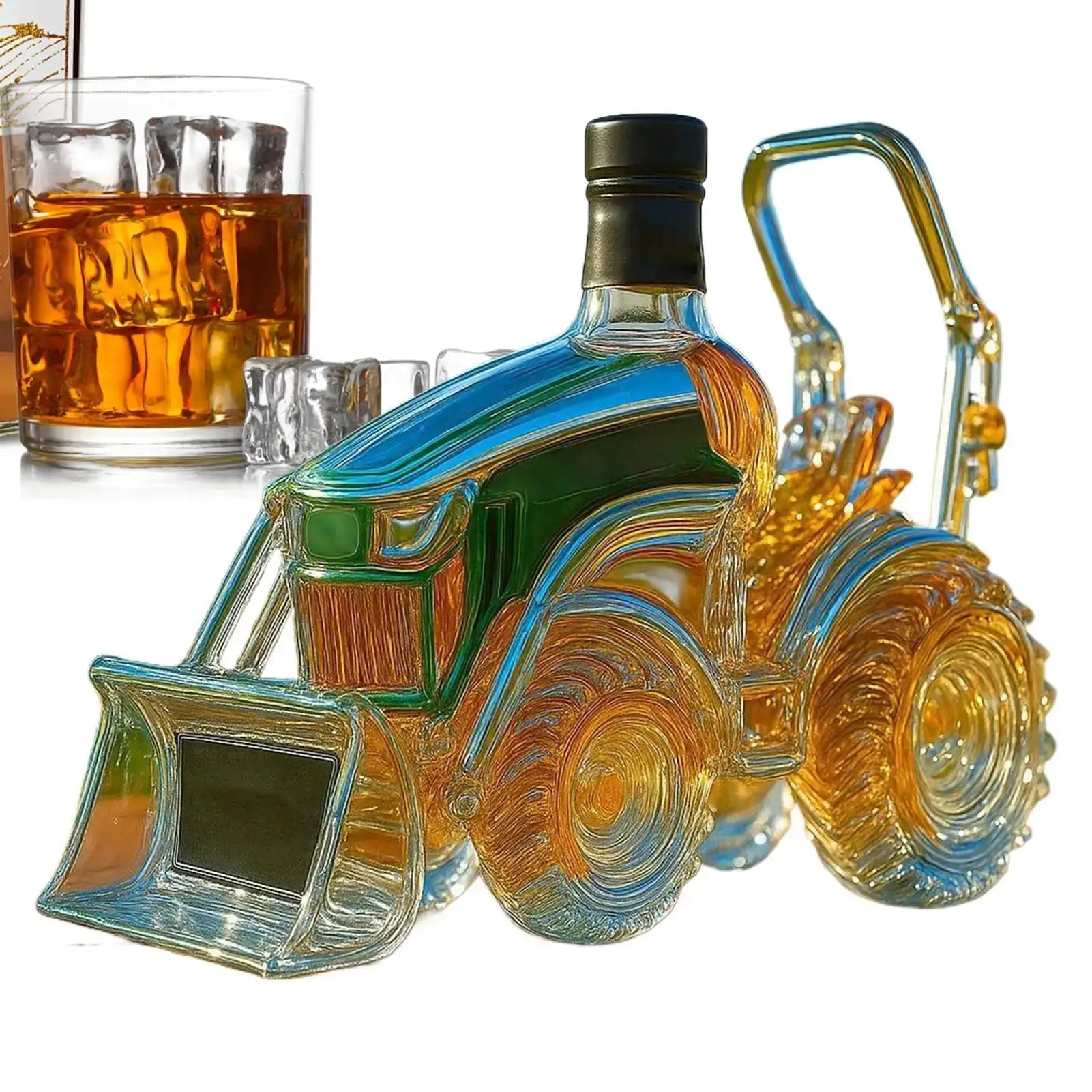 3D tractor shaped wine bottle with whiskey inside, designed as a glass decanter for men and women whiskey lovers, placed beside a whiskey glass.
