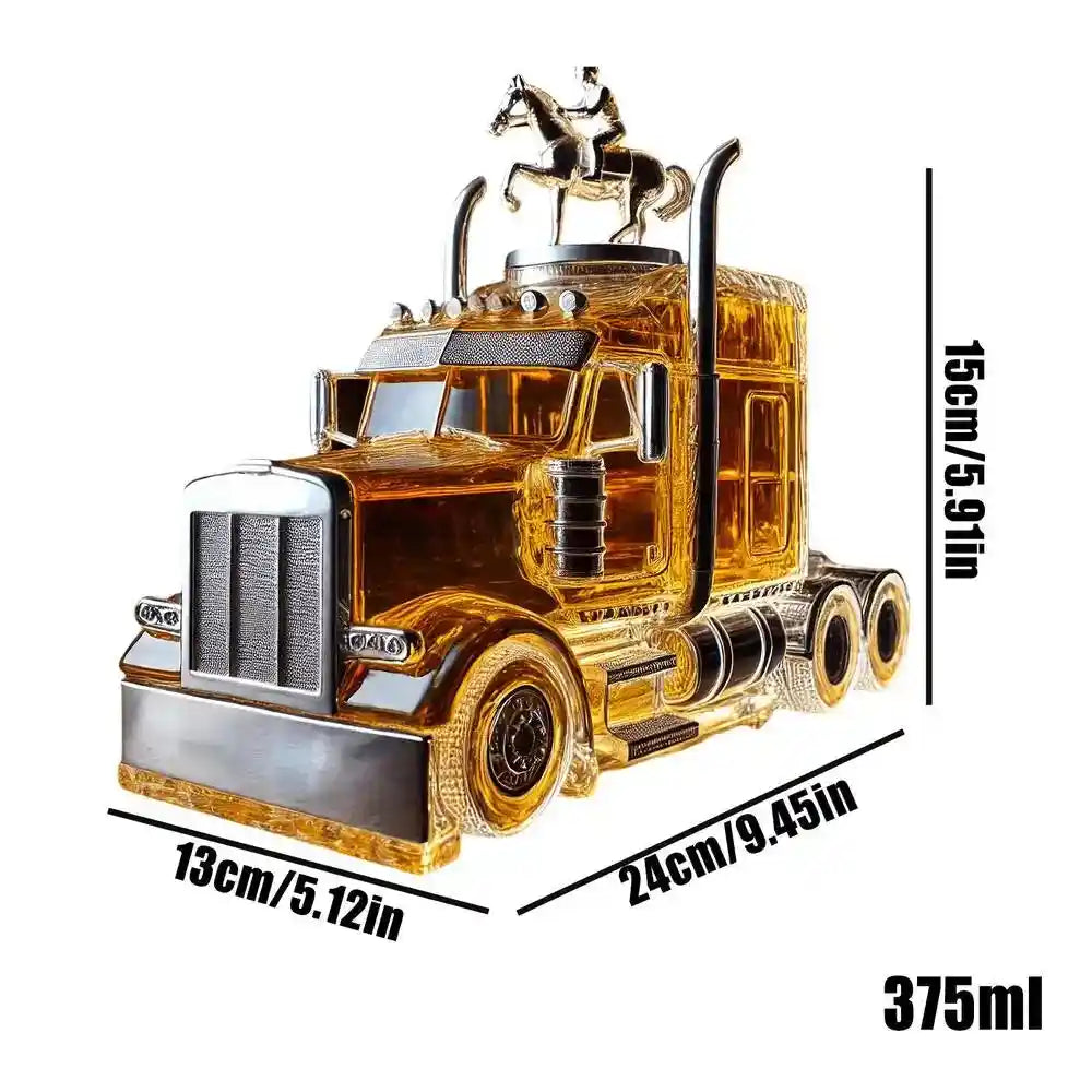 375ml truck-shaped whiskey decanter with horse rider stopper and size dimensions, perfect for bourbon serving and bar decor.