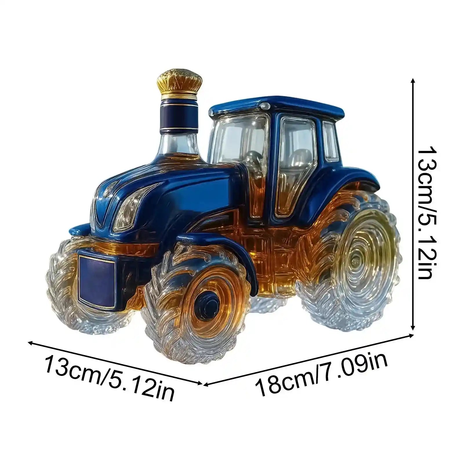 Blue Glass Tractor Decanter with dimensions 18cm x 13cm, showcasing size and design for stylish whiskey or wine display.
