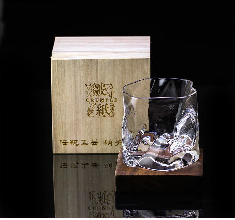 Japanese Crumple Paper Crystal Whiskey Glass Set with wooden box