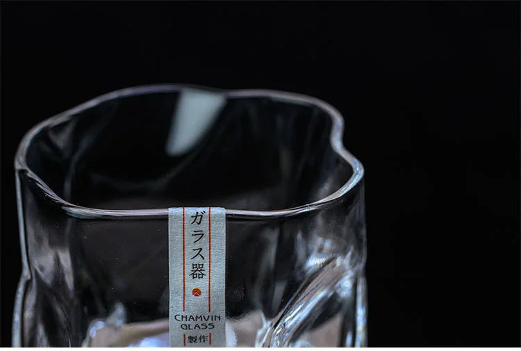 Close-up of Japanese Crumple Paper Crystal Whiskey Glass with label