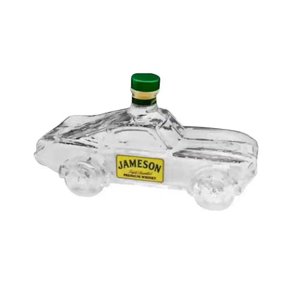 Clear glass car decanter with Jameson label, a novelty whiskey bottle perfect for collectors and bar display.