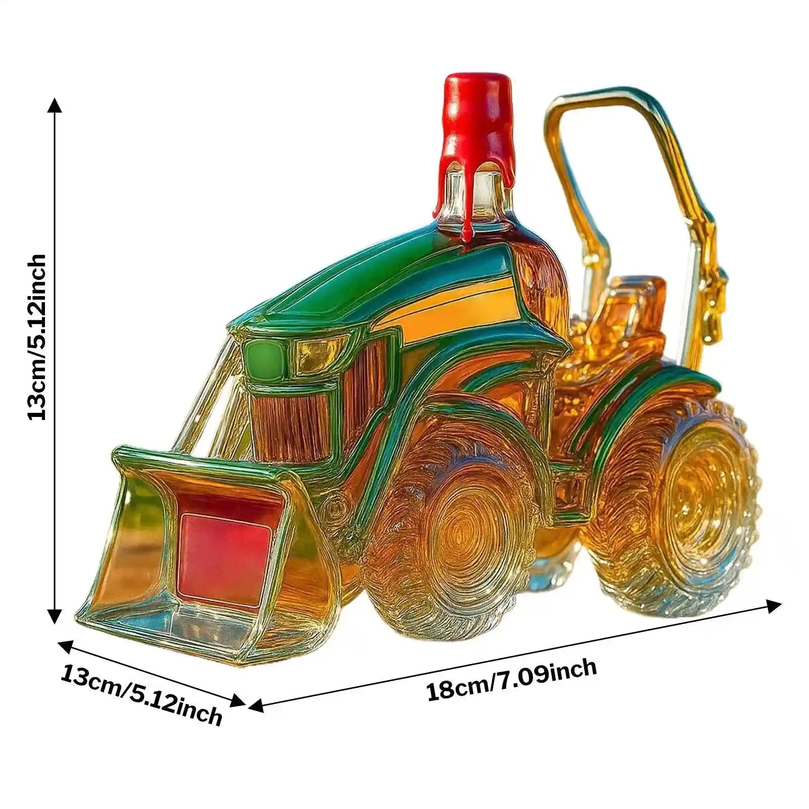 Detailed dimensions of 3D tractor shaped wine bottle decanter, measuring 18cm by 13cm, ideal for whiskey storage and display.