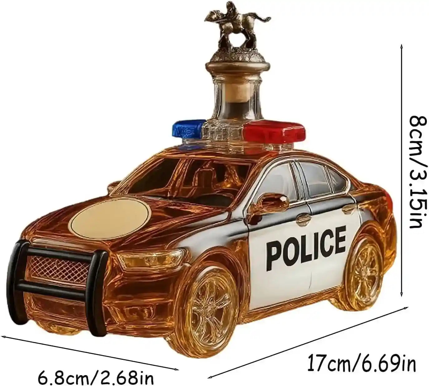 300ML Police Car Shape Whiskey Decanter with camel stopper, 3D novelty car bottle with dimensions 17cm x 6.8cm x 8cm, perfect for liquor display.