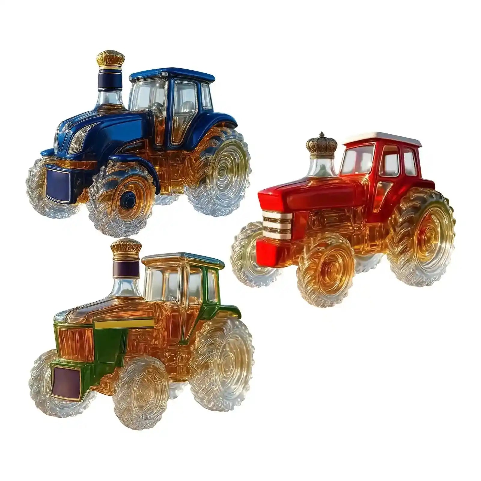 Set of three Glass Tractor Decanters in blue, red, and green, showcasing colorful options for unique whiskey or wine presentation.