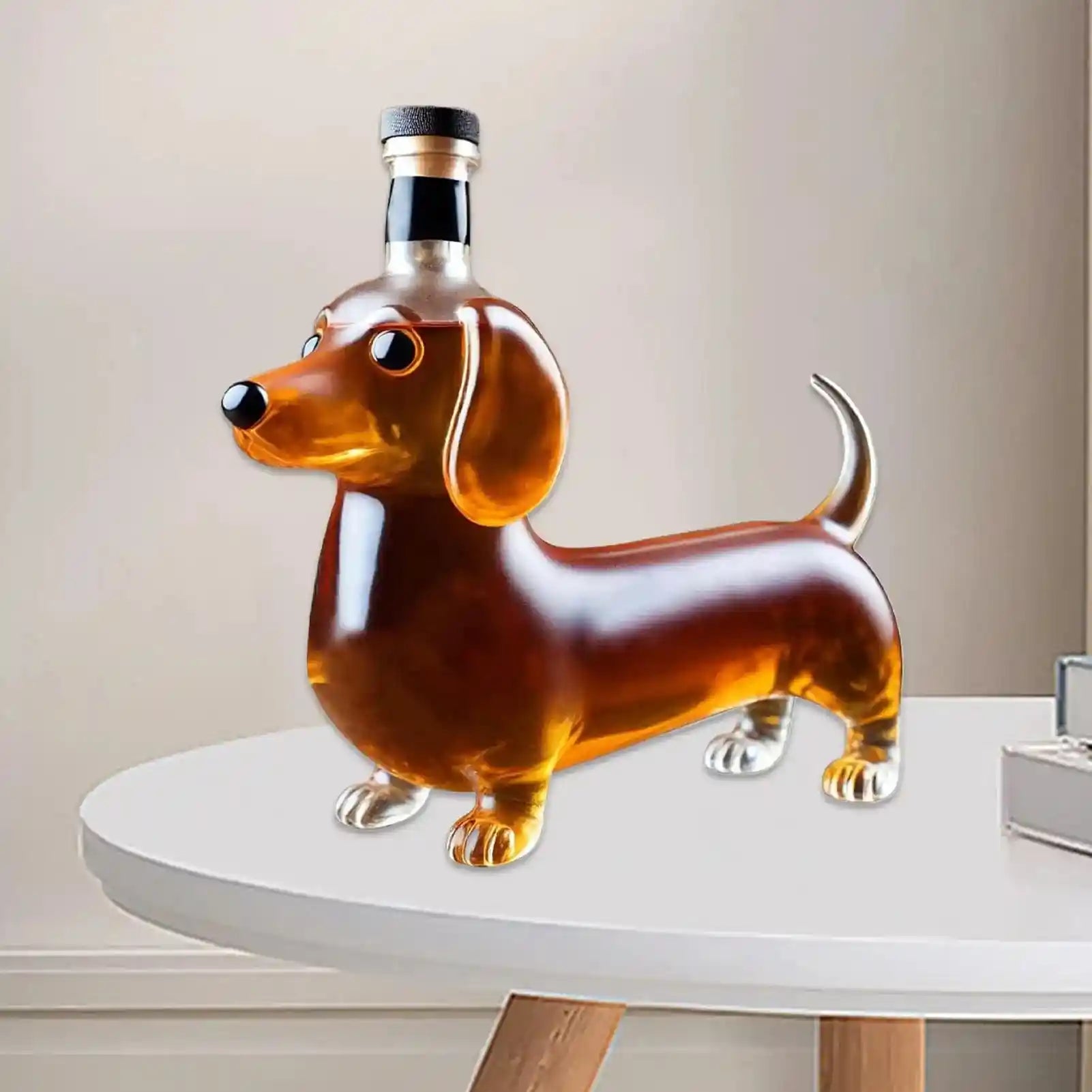 Dog-shaped empty whiskey decanter placed on a white table, great for bar shelf decoration or wine gifting.