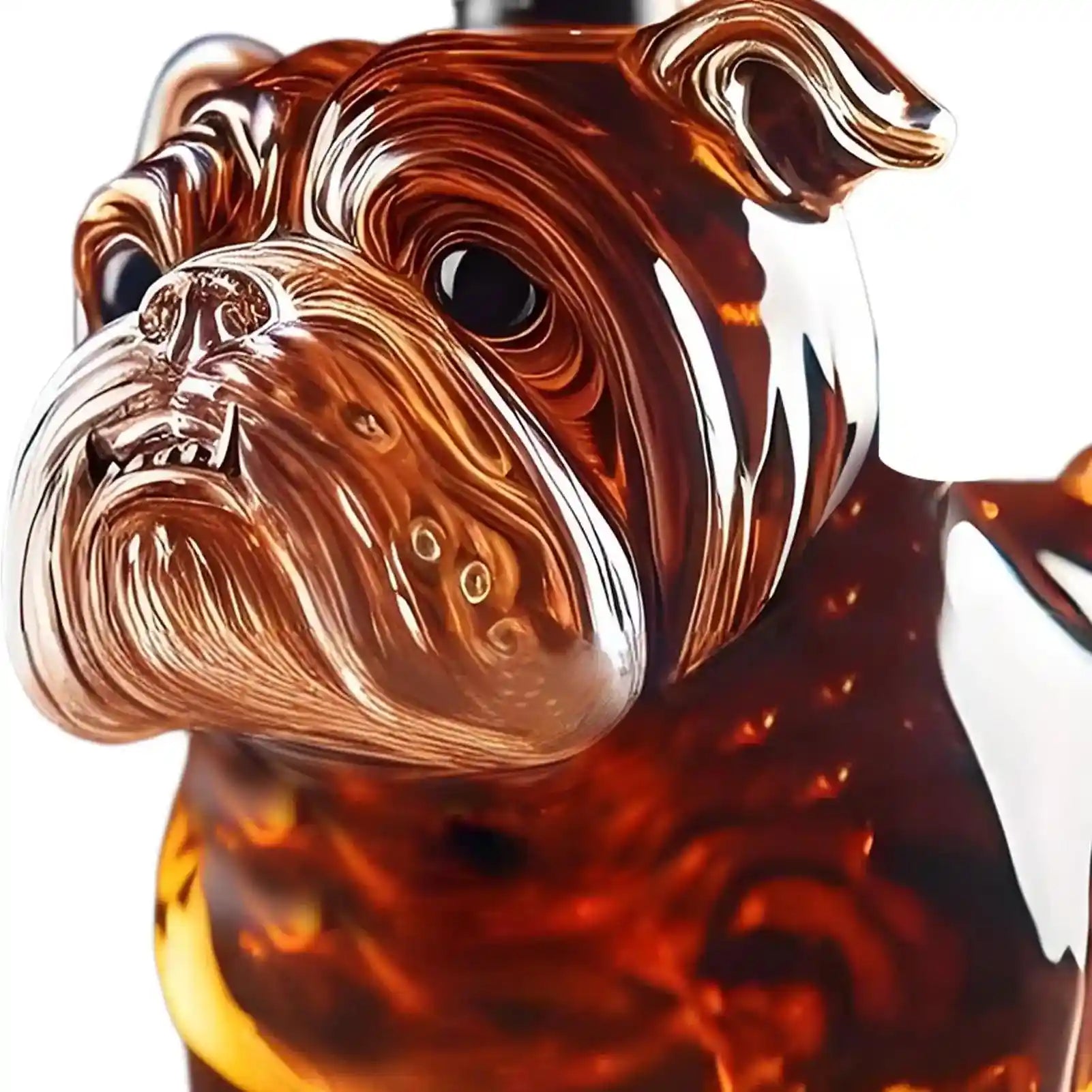 Close-up of bulldog-shaped whiskey decanter with detailed glasswork, a collectible novelty for whiskey lovers and home tasting events.