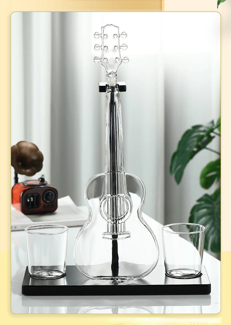 Guitar decanter with glass cups on black base