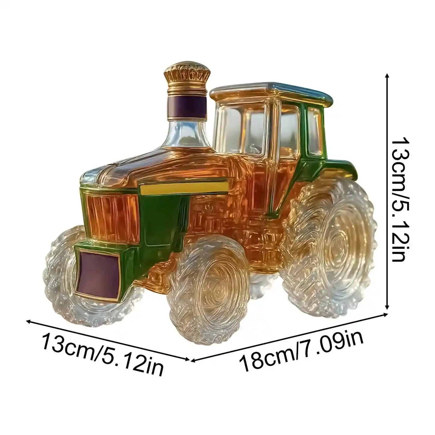 Elegant glass tractor decanter in green and amber tones with dimensions 13x18cm, ideal for whiskey and wine home bar décor.