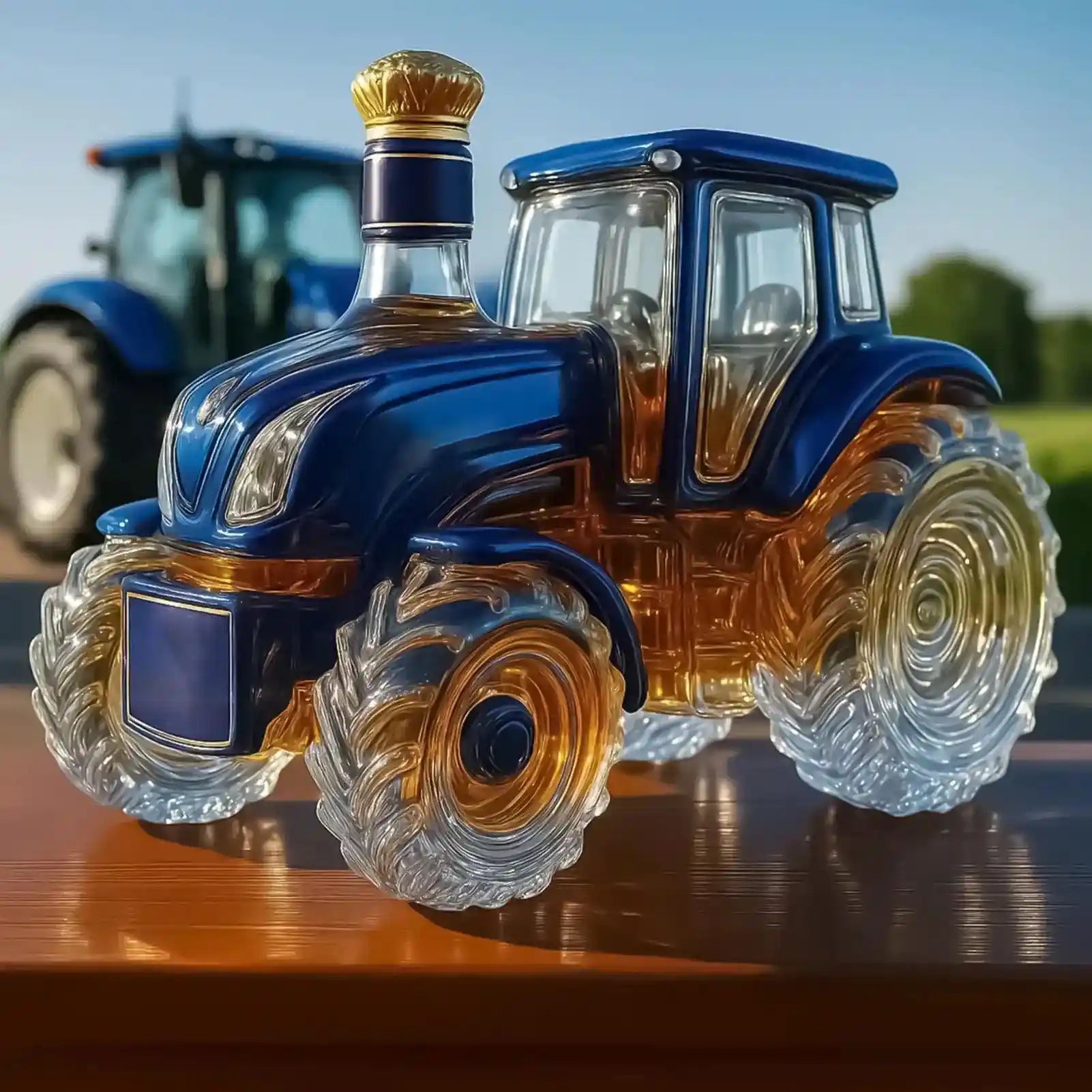 Elegant Glass Tractor Decanter in blue and amber tones, ideal for whiskey or wine, displayed outdoors with a real tractor in the background.