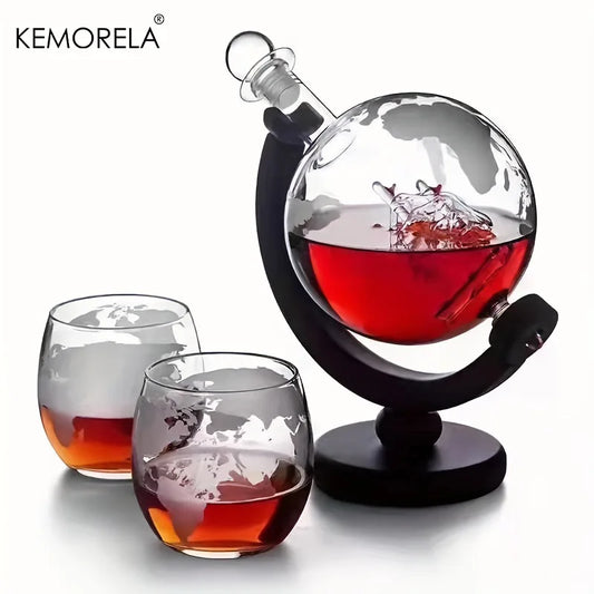 Globe Whiskey Decanter Set with Wood Stand (900ml)